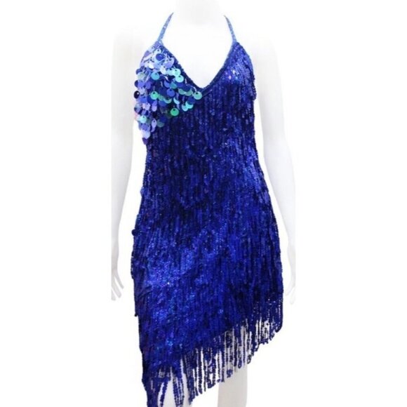 Blue sequins dress Latin Dance Dress 1920 Flapper Costume Size Medium - Picture 1 of 13